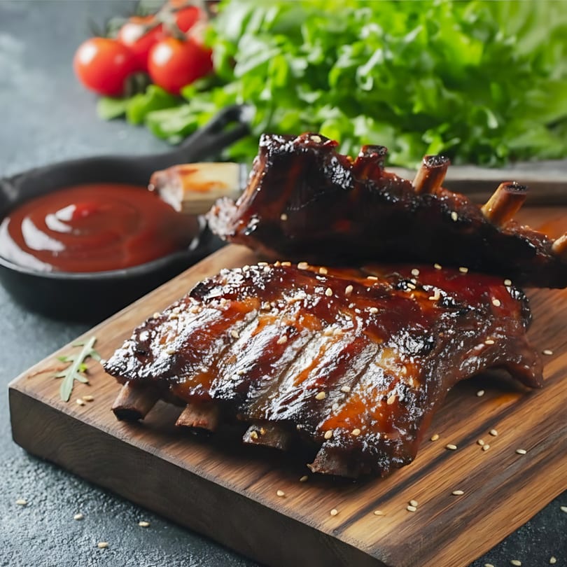 Two racks of glistening BBQ ribs with sesame seeds on a wooden board, with sauce and greens.